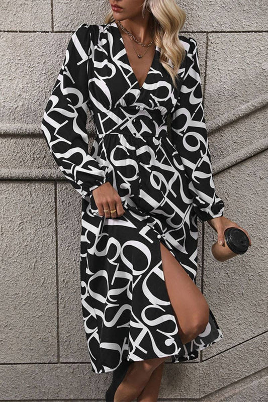 CWDSD6387_AUTUMN V-NECK LETTER LONG-SLEEVED SLIT DRESS