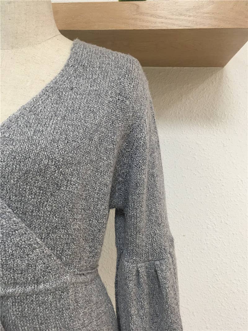 SOLID COLOR TIE V-NECK SWEATER LONG SWEATER