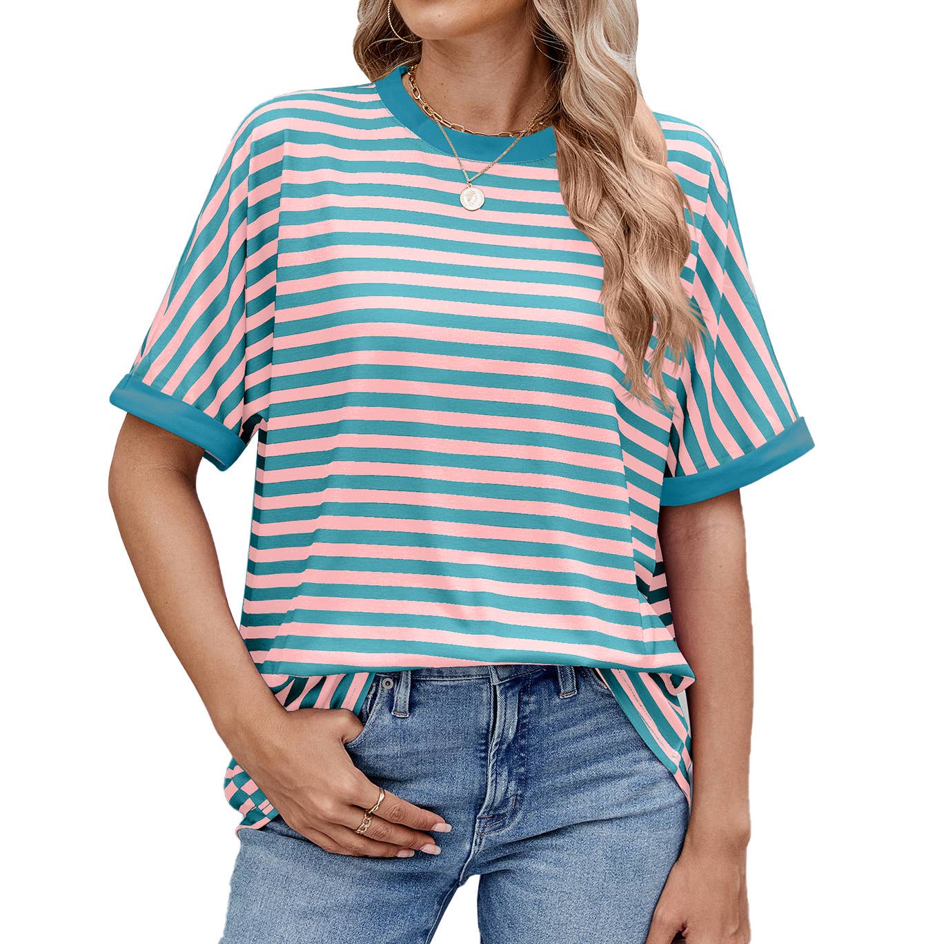 Round neck sleeved striped short-sleeved T-shirt