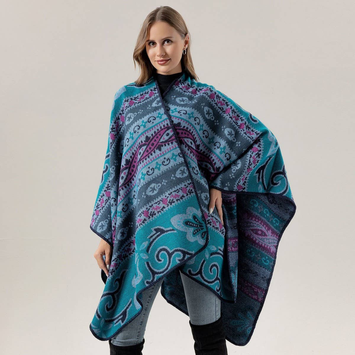 SHAWL FAUX CASHMERE JACQUARD SLIT CAPE SCARF