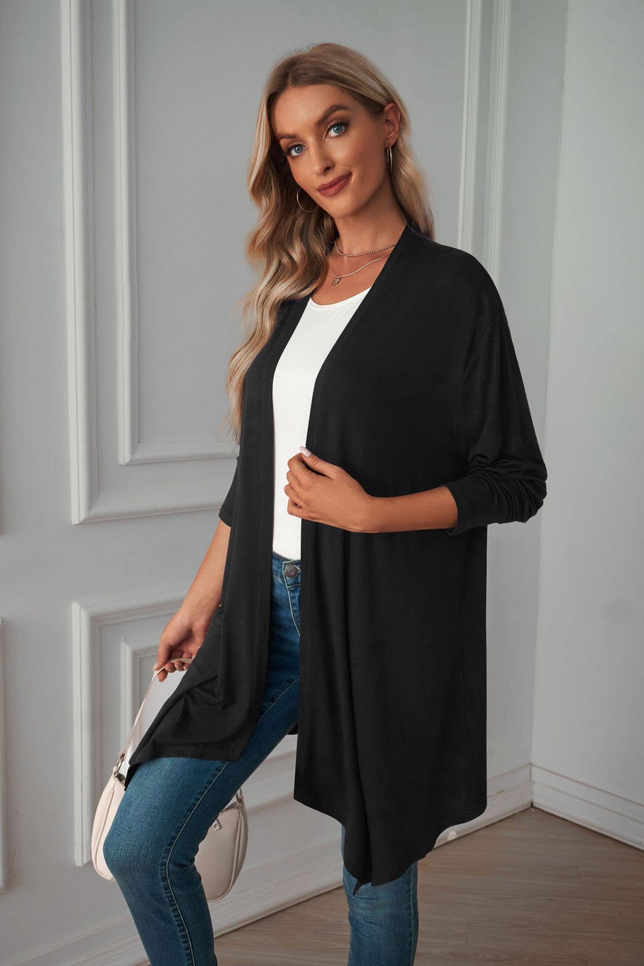 Solid-color,buttonless long-sleeved cardigan