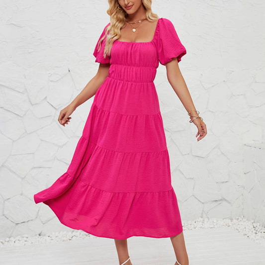 SQUARE-NECK HIGH-WAISTED PLEATED DRESS