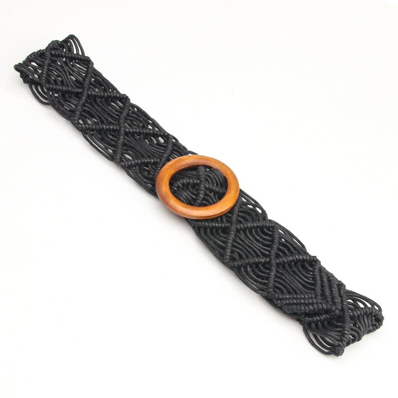 Wax rope woven hollowed-out wooden buckle belt