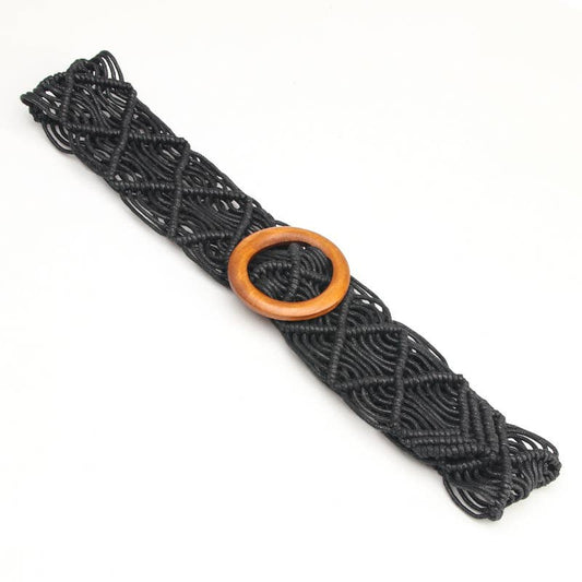 Wax rope woven hollowed-out wooden buckle belt