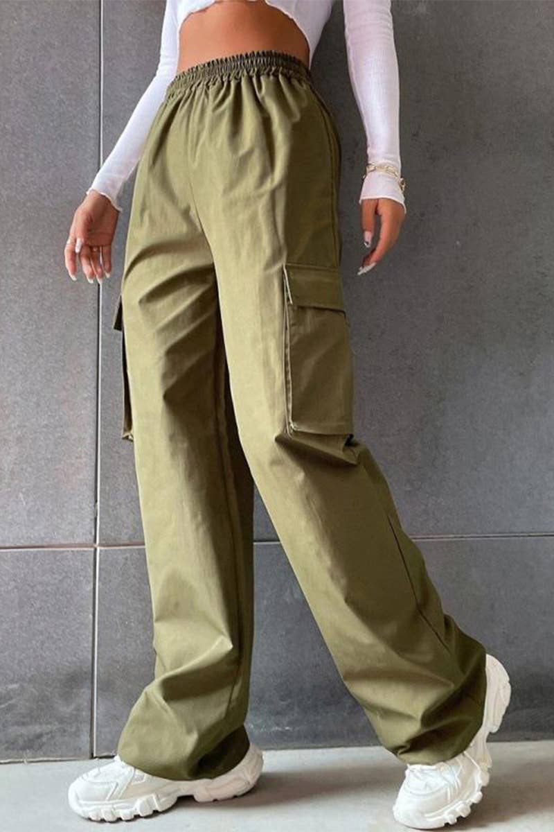 SOLID COLOR HIGH-WAISTED POCKET CARGO PANTS