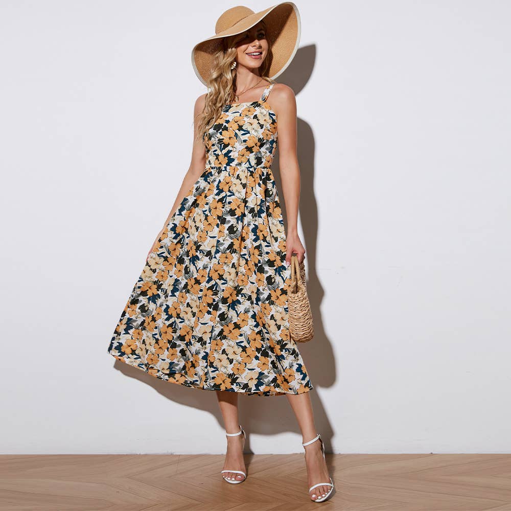 Sleeveless print French floral halter dress
