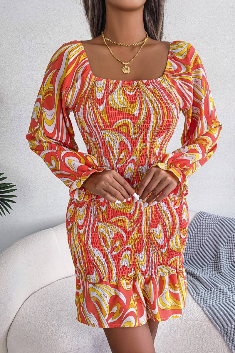 CWDMD4717_SEXY SQUARE NECK LONG SLEEVE RUFFLED HIP DRESS