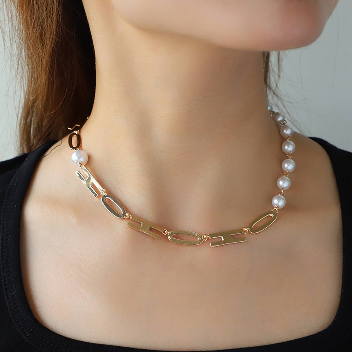 METAL LETTER IMITATION PEARL NECKLACE FOR WOMEN