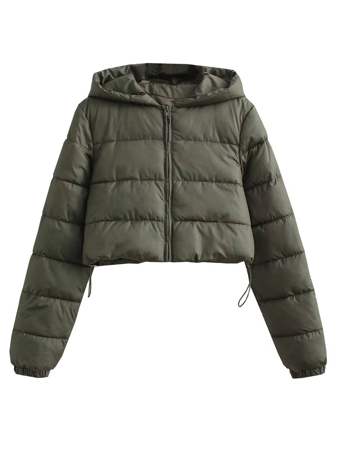 Short solid-color hooded hand-stuffed jacket