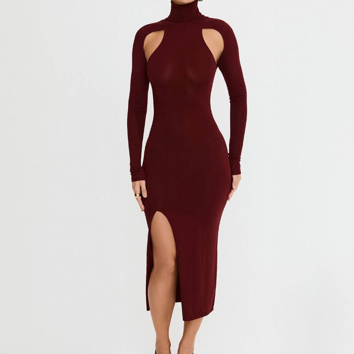 FASHION CUTOUT SLIM DRESS WITH HIGH NECK AND SLIT