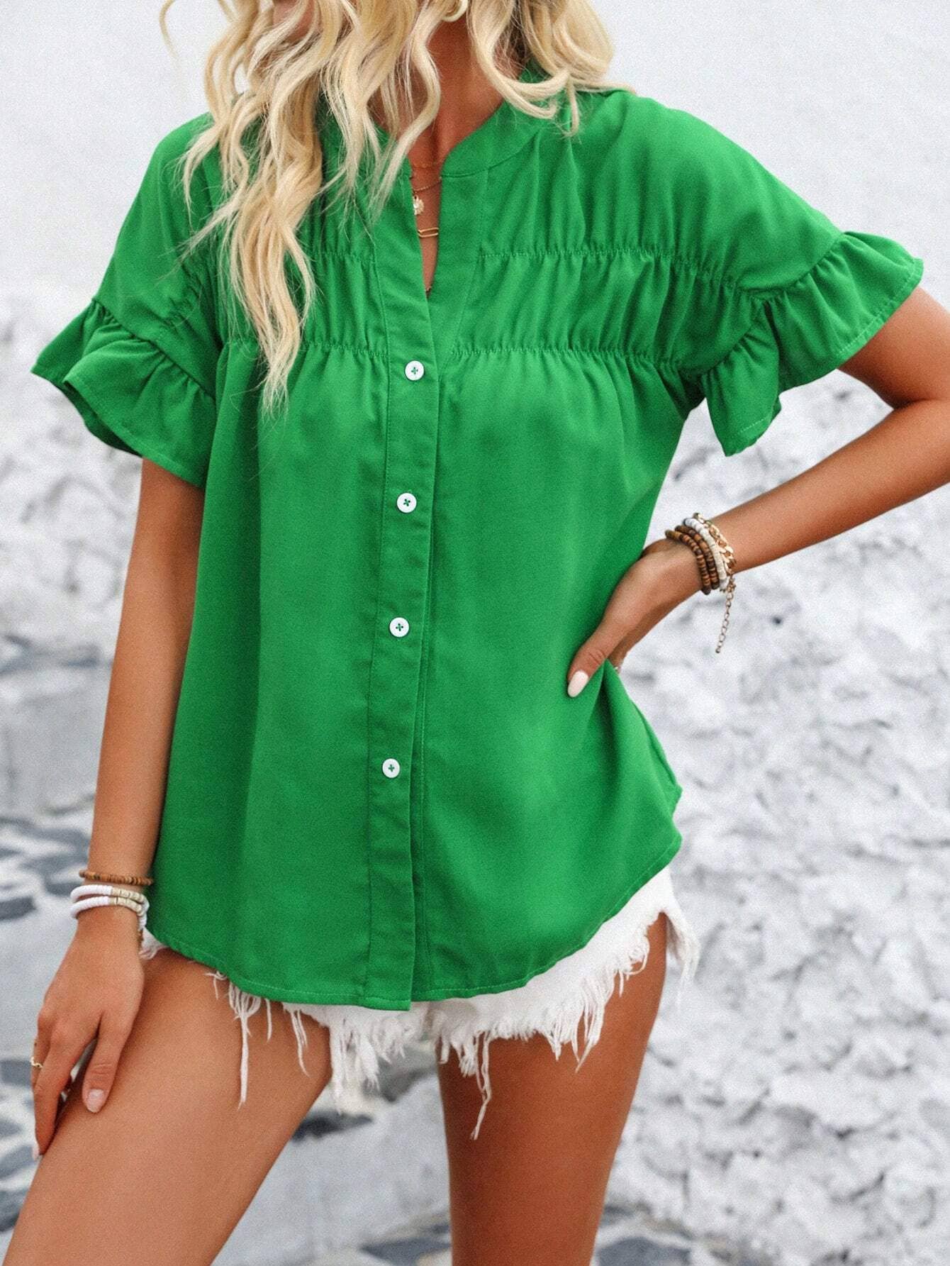 Women¡¯s casual pleated button-down linen shirt