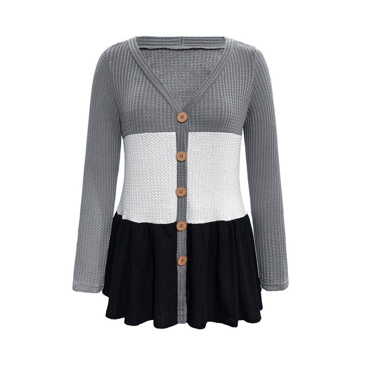 V-neck patchwork color button-knit top