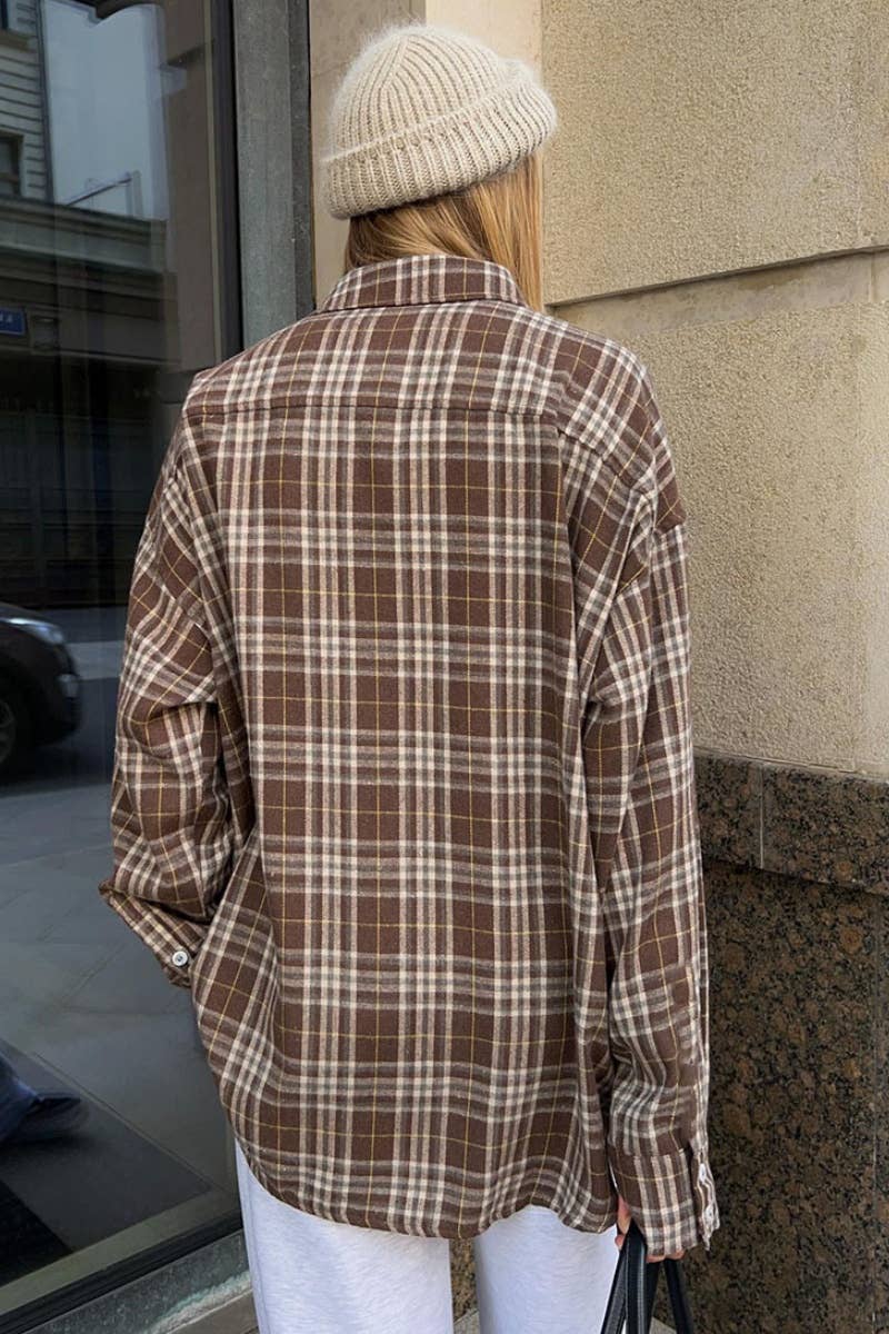 Cwtstl2319_Vintage Plaid Pocket Long Sleeve Shirt Top