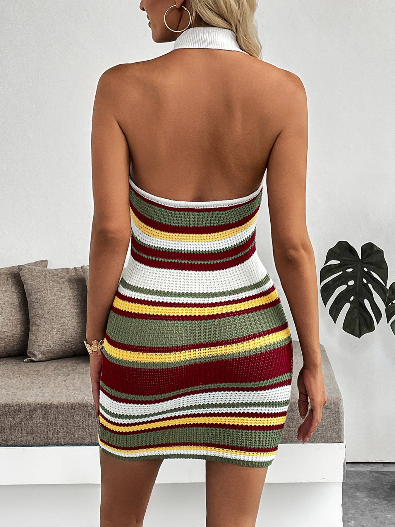 Retro striped halter-neck,fitted knitted dress