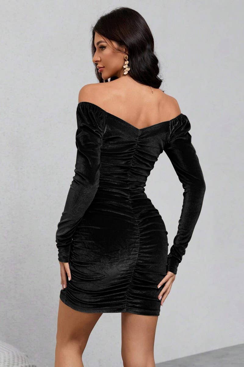CWDSD6473_SOLID COLOR OFF-SHOULDER HIP VELVET DRESS