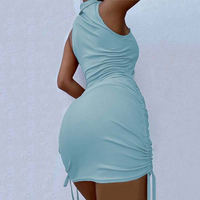 V-NECK LAPEL SLEEVELESS RIBBED SEXY KNIT DRESS