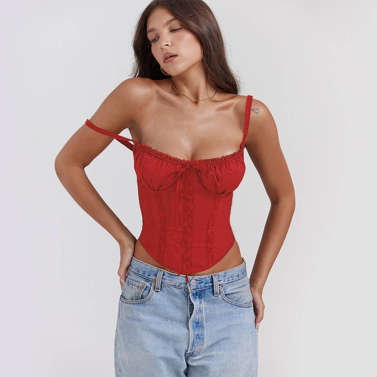 Lace patchwork tie up sexy cami top