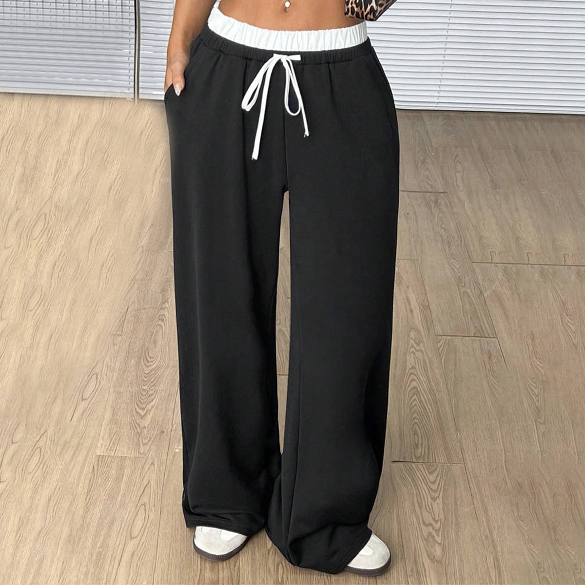 ELASTIC WAIST-LENGTH PANTS STRAIGHT-LEG SLACKS