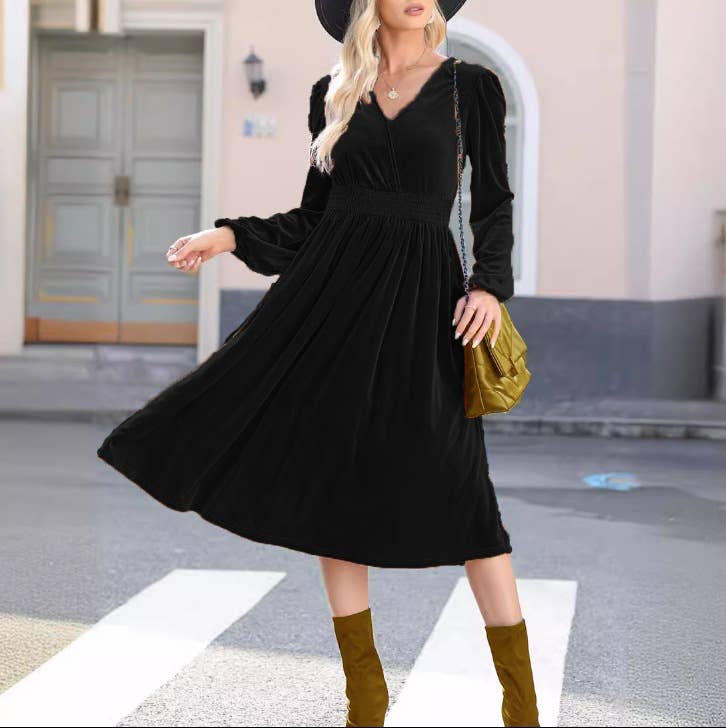 SOLID COLOR V-NECK PLEATED HIGH-WAISTED DRESS