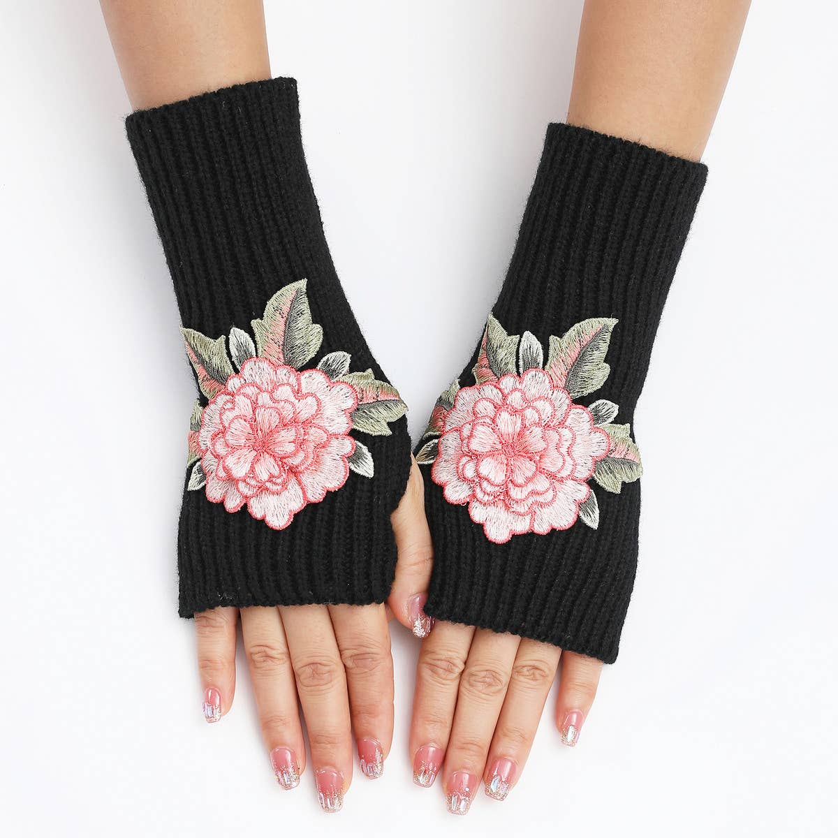 FLOWER WARM KNITTED WOOL GLOVES AND SLEEVES_CWAG0109