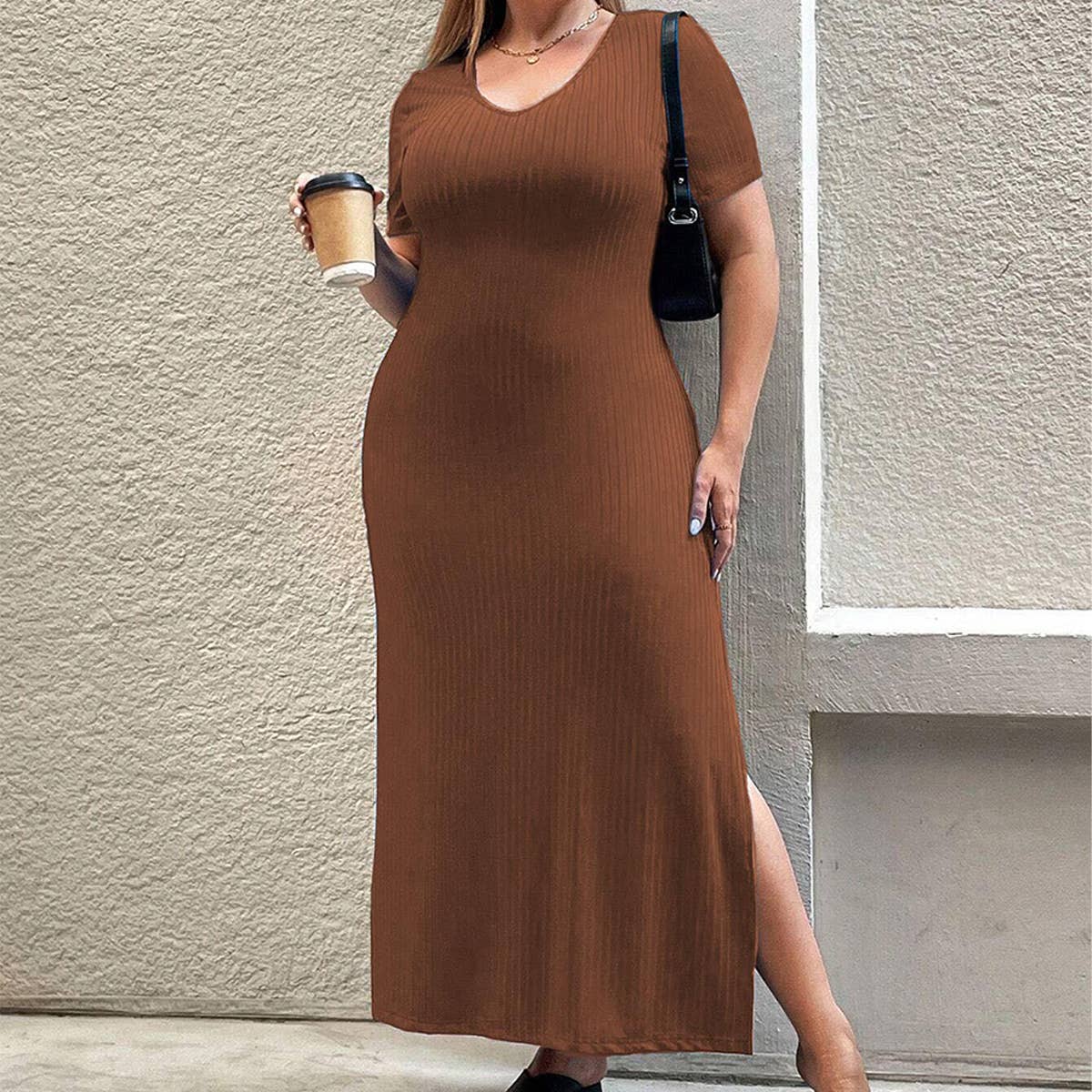 Elegant Waist-Slit Short Sleeve Bodycon Dress