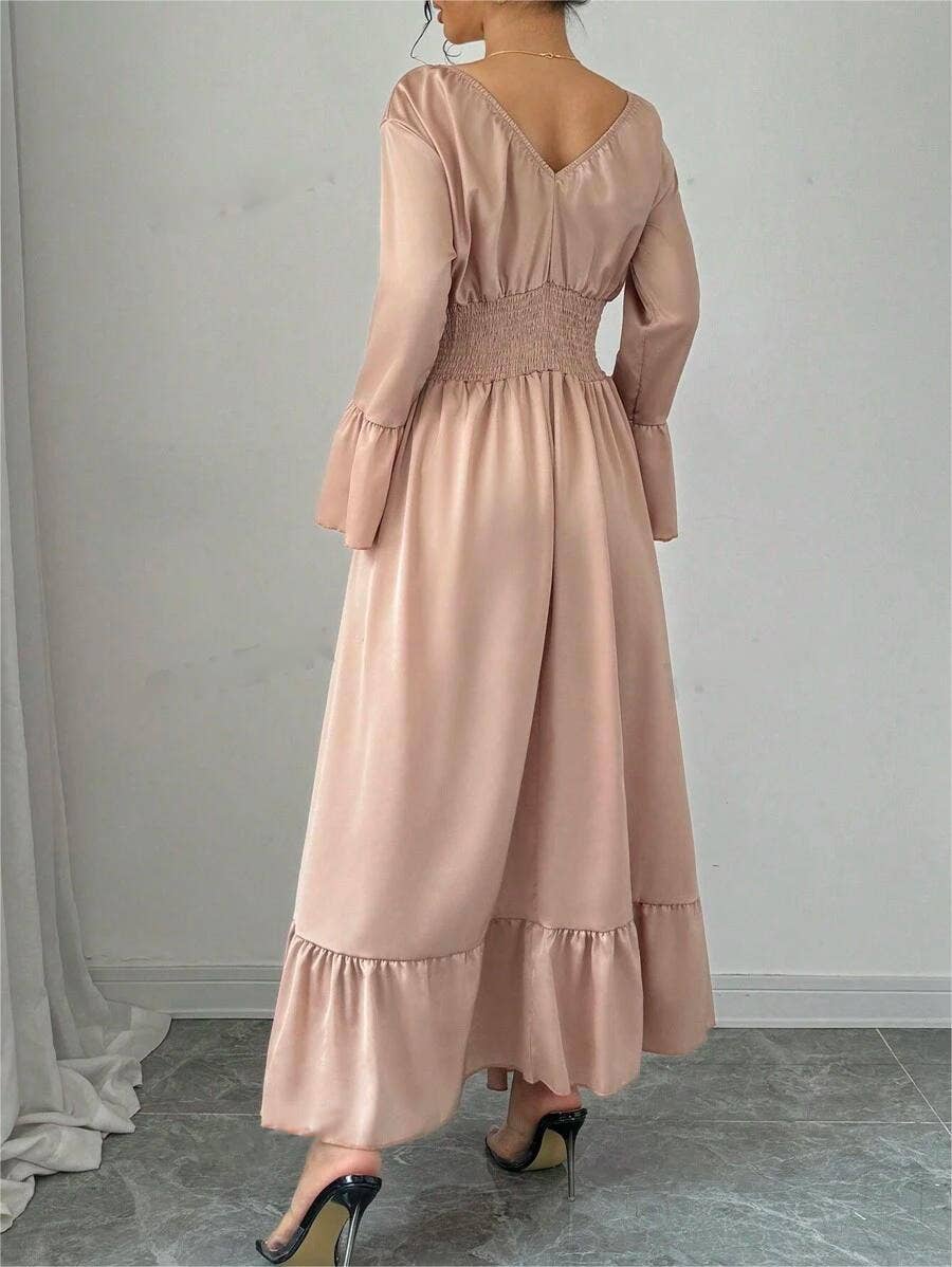 V-NECK WAIST ELEGANT SOLID COLOR LONG WAIST DRESS