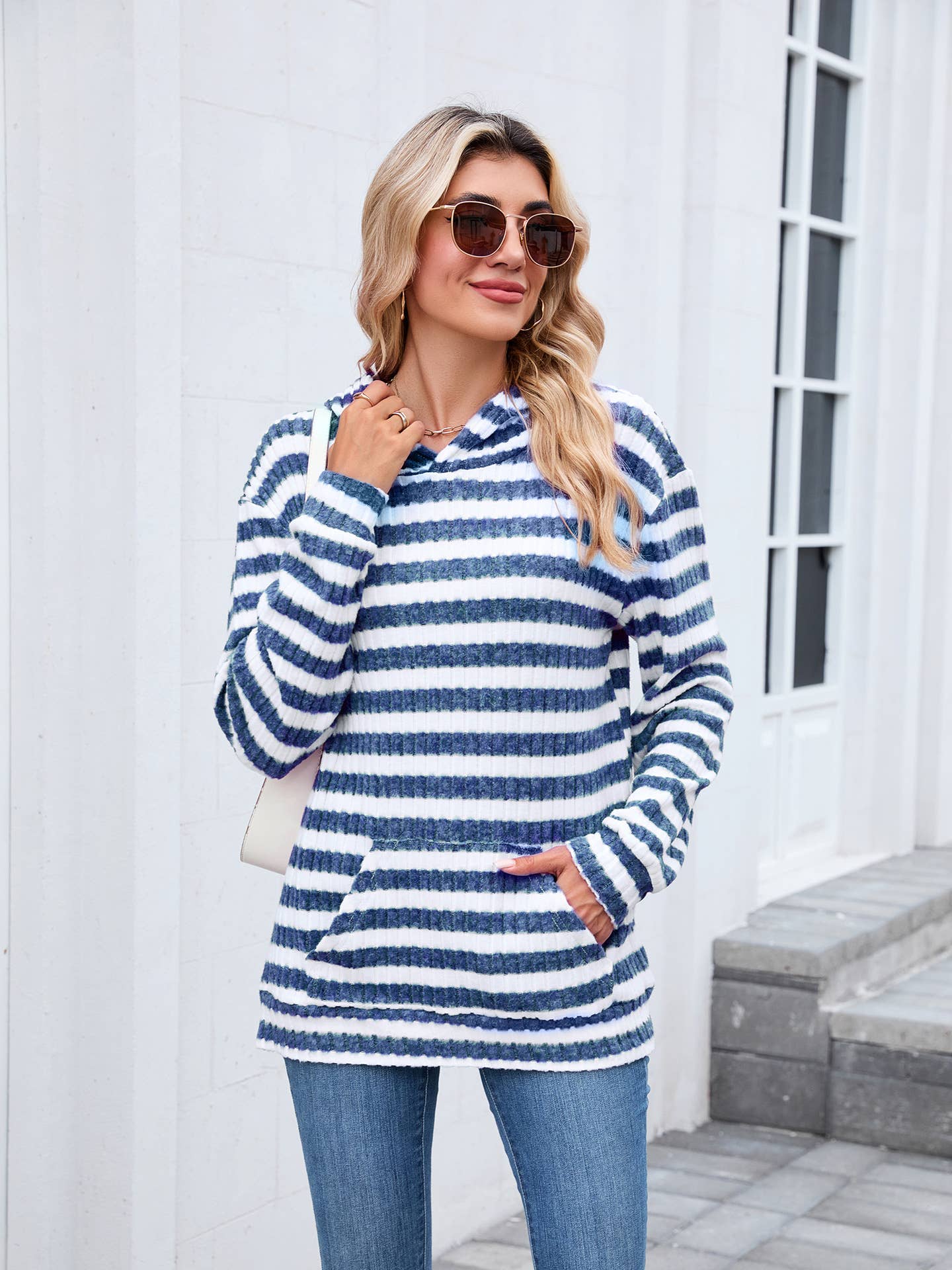 Striped hooded loose long-sleeved sweatshirt
