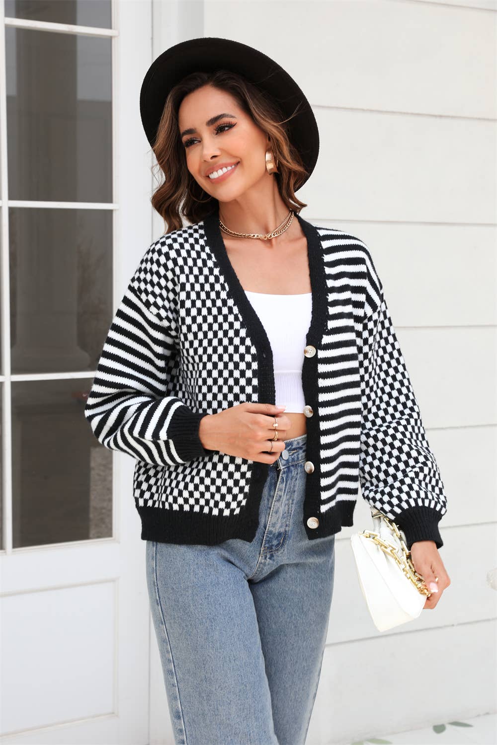 KNITTED PLAID PATCHWORK STRIPED CARDIGAN COAT