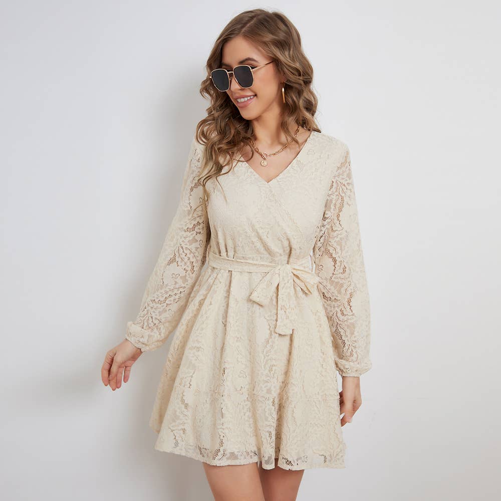 V-NECK STYLE LACE-UP LONG-SLEEVED DRESS