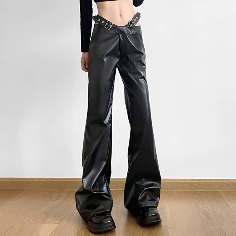 Button-up waist cutout PU leather casual pants