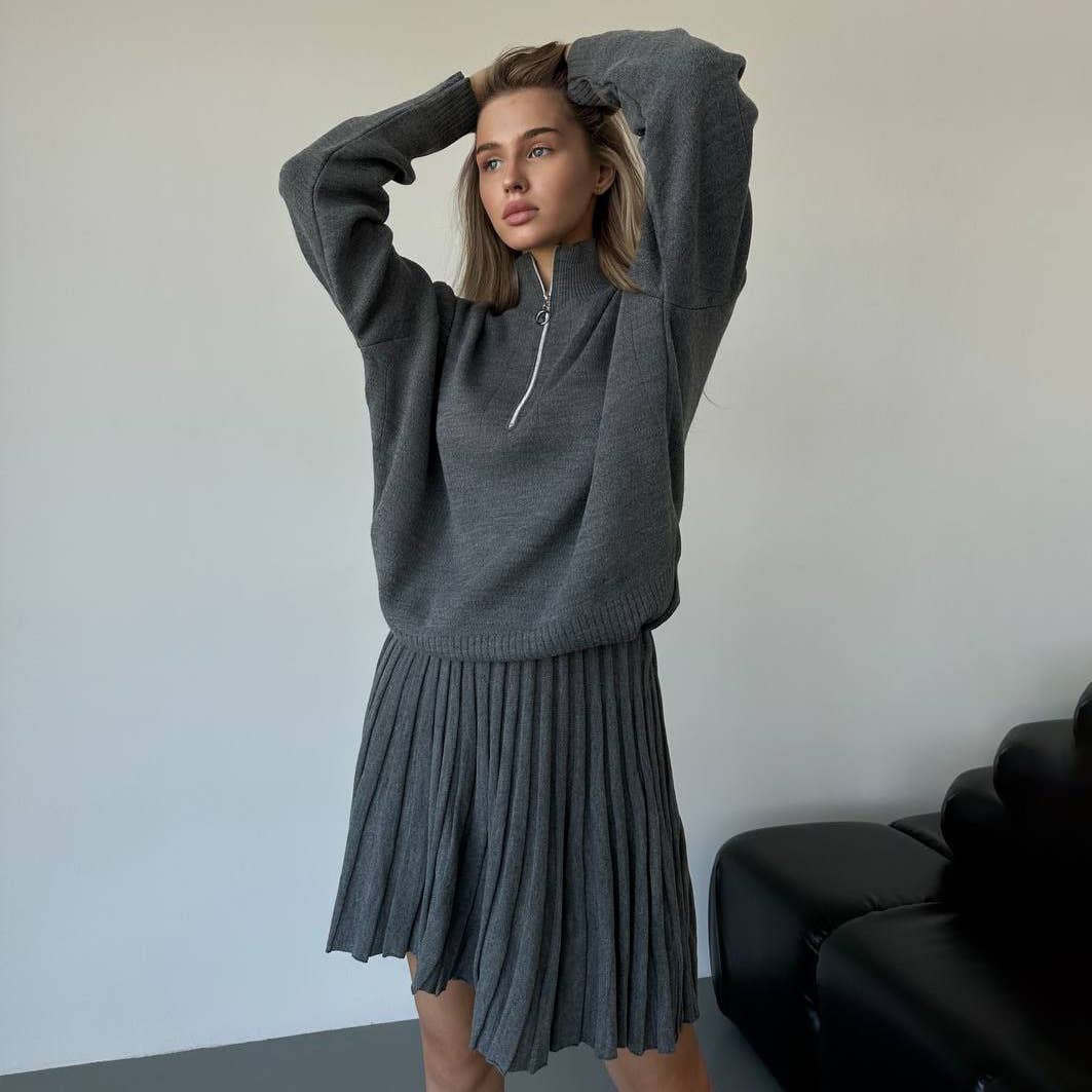Two-piece knitted sweater and short skirt set