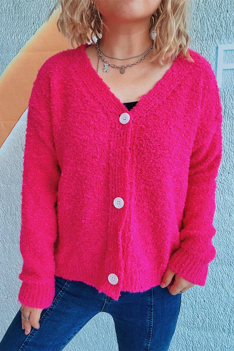 Solid color V-neck seersucker knit cardigan