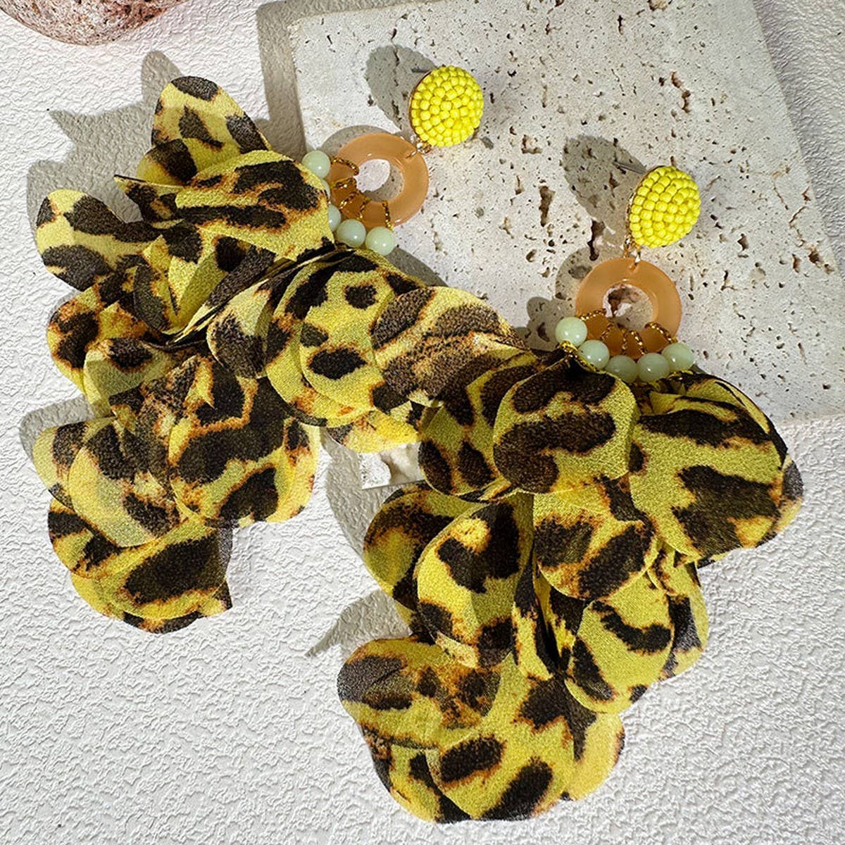 Fabric Flower Tassel Earrings with Leopard Print_CWMM6265