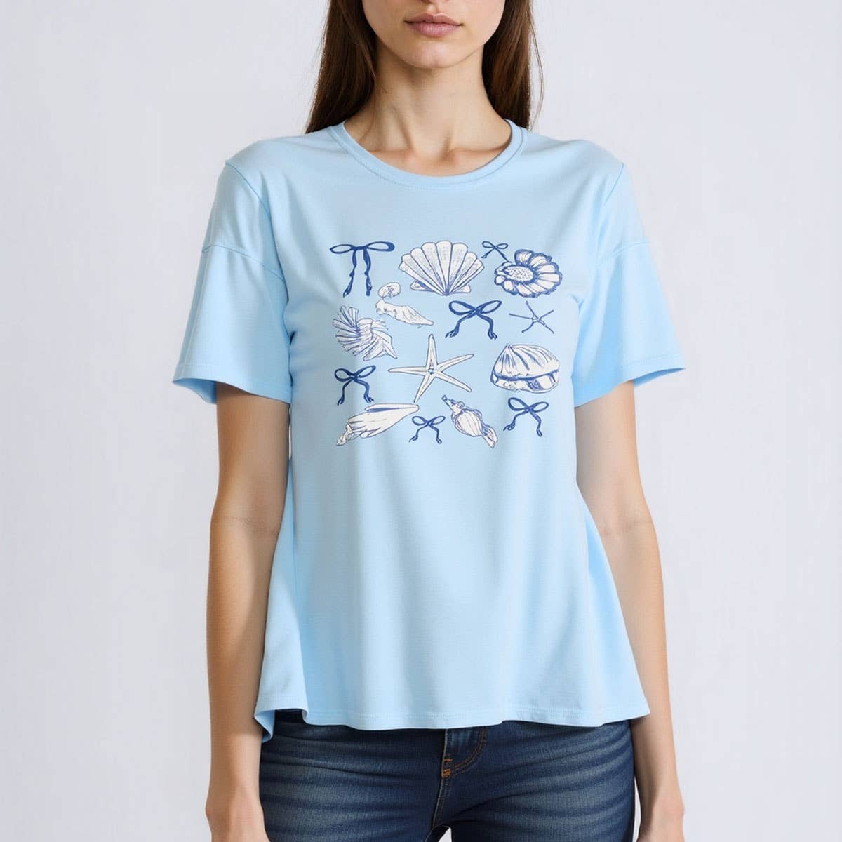 Cute Bow Print T-Shirt for Women, Shell Neckline