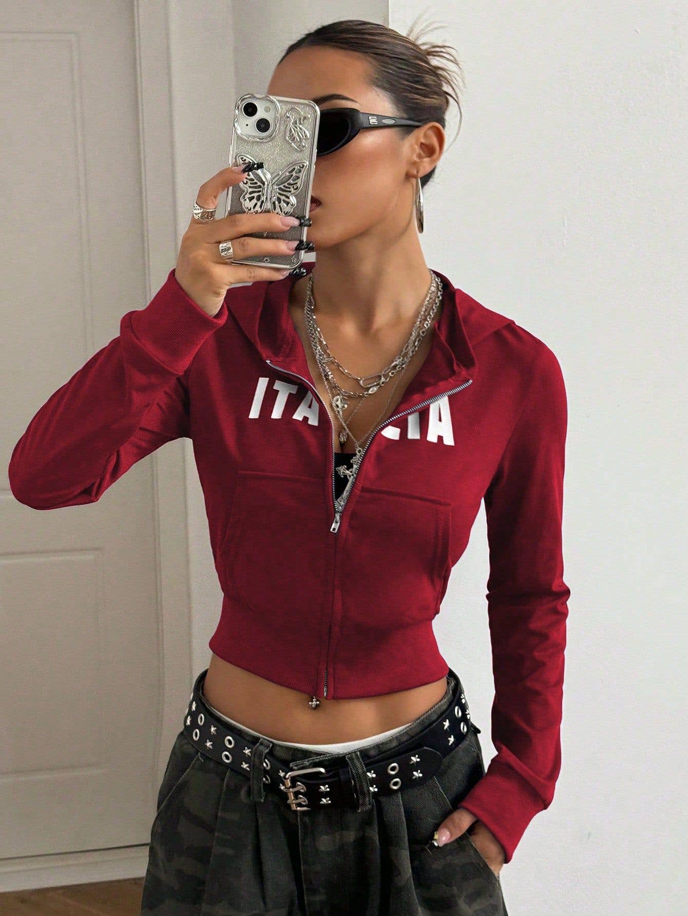 INS hooded zipper printed short hoodie jacket