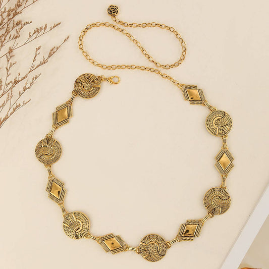 Retro rhinestone irregular metal waist chain