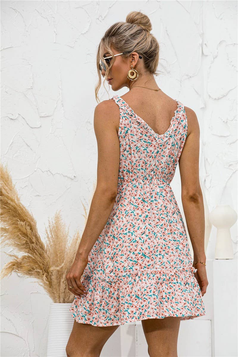 SEXY V NECK HALTER RUFFLED FLORAL DRESS_CWDSD2630