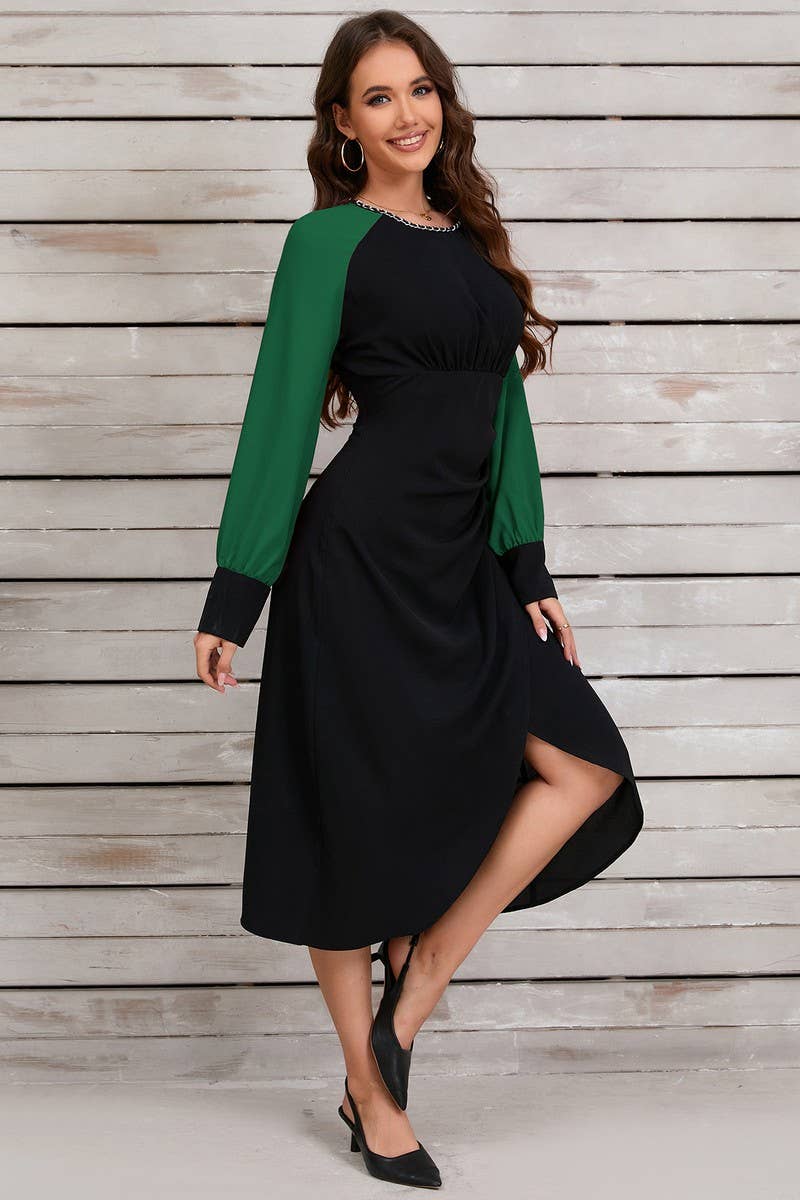 CWDSD6459_CONTRAST COLOR IRREGULAR METAL NECKLACE DRESS