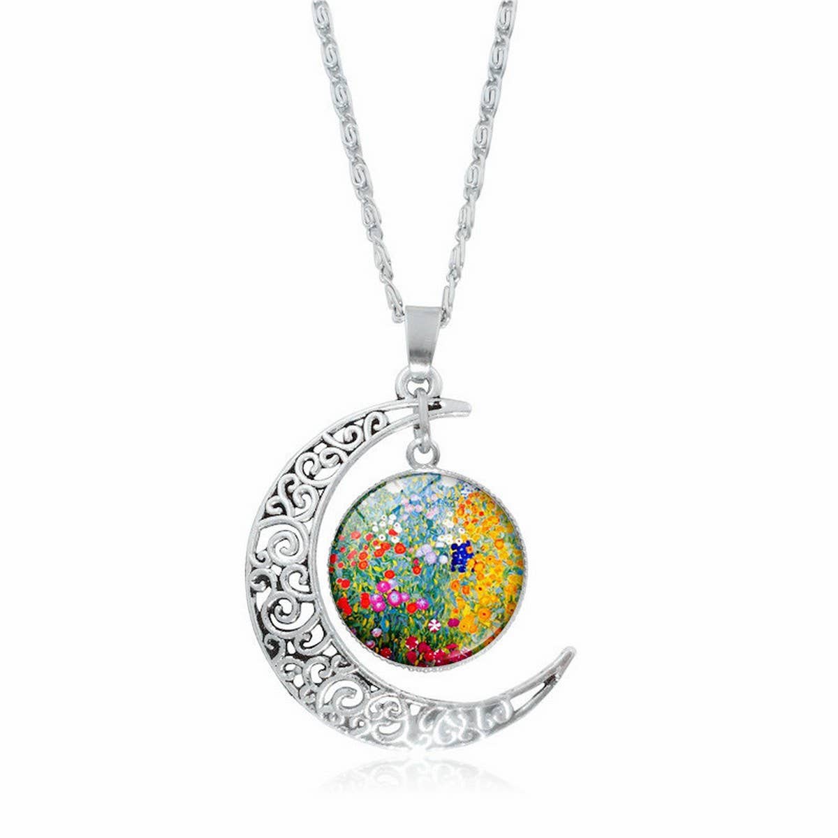 HOLLOW OUT MOON GEM PENDANT NECKLACE