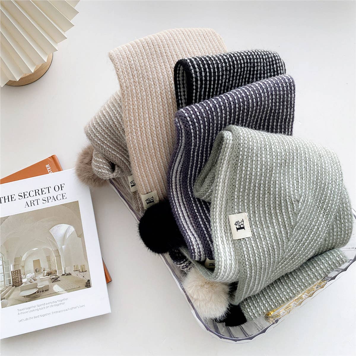 CWASC2387_WOMEN'S WINTER HAIRBALL STRIPED LONG SCARF