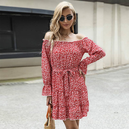 One-shoulder flared lace-up floral dress
