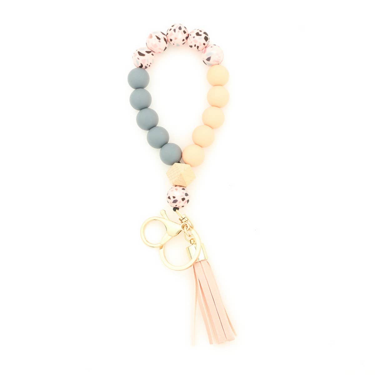 Silicone & Wood Bead Bracelet with Leather Keychain