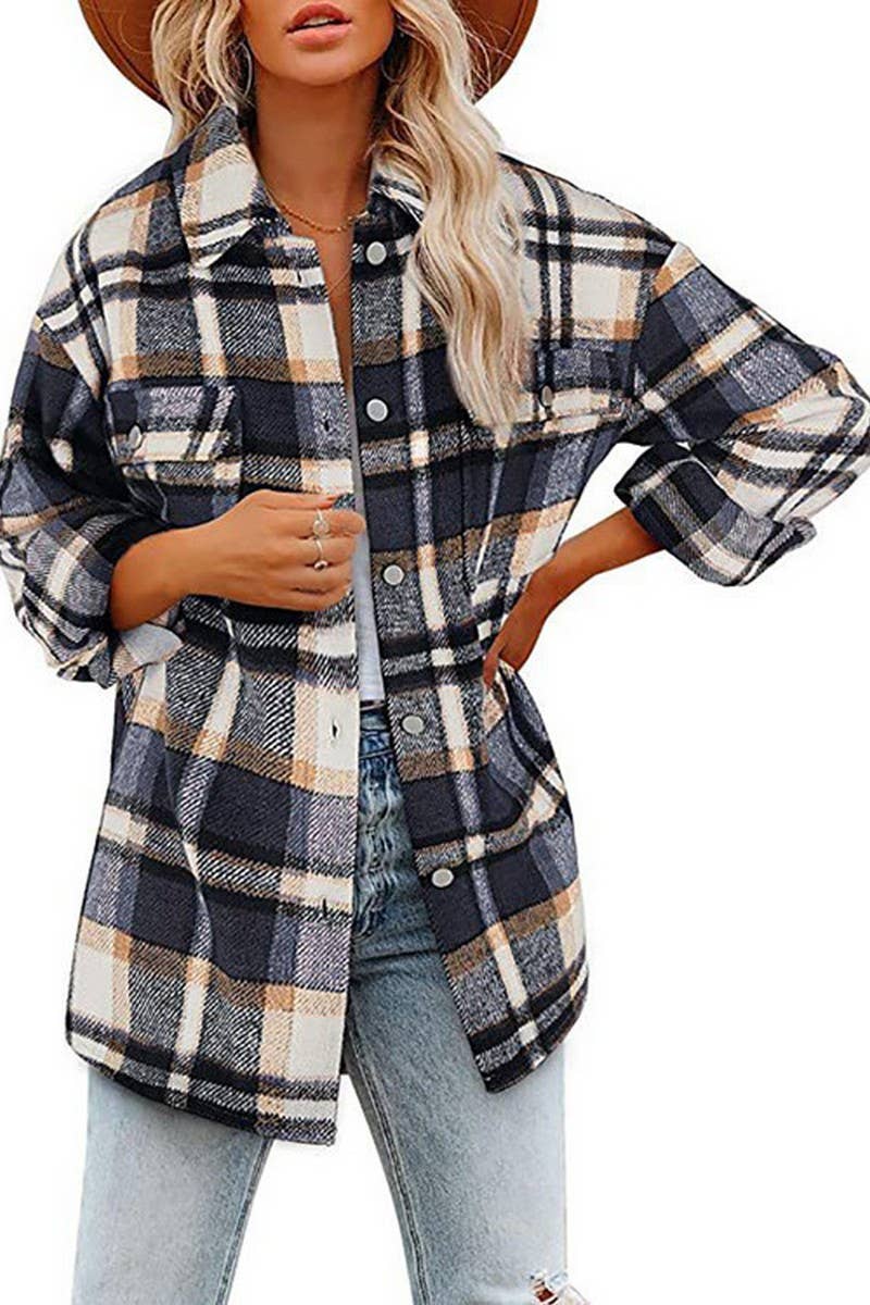 CWOCO0938_LONG-SLEEVED LAPEL LOOSE PLAID THICKENED COAT