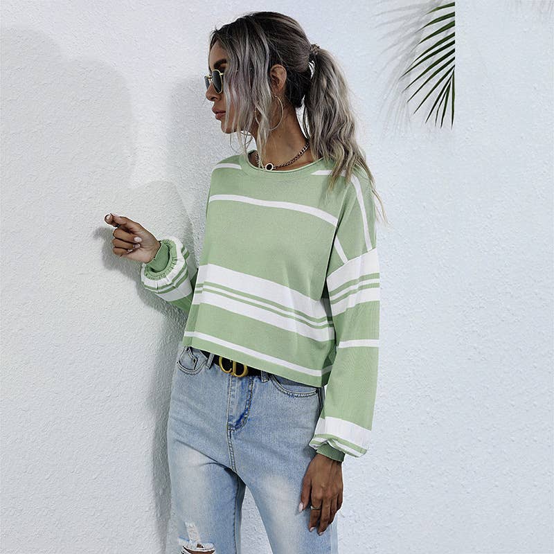 Long sleeve knit short striped sweater