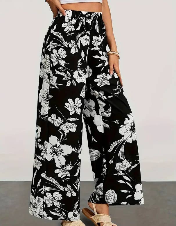 Lace-up printed high-waisted wide-leg pants