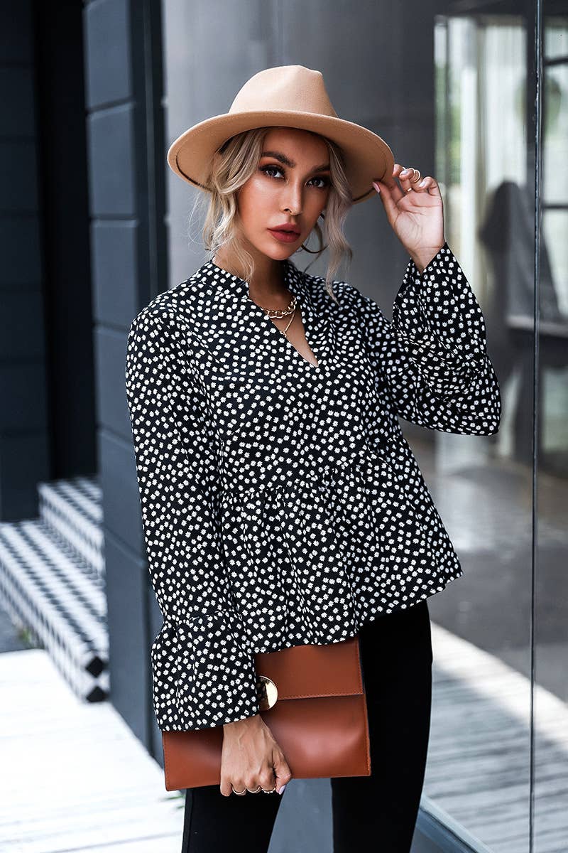 V-NECK SEXY POLKA DOT LONG SLEEVE SIMPLE TOP