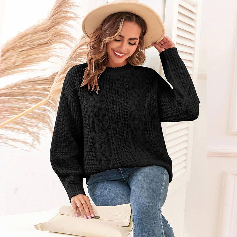 SOLID COLOR CREW NECK TWIST PULLOVER SWEATER