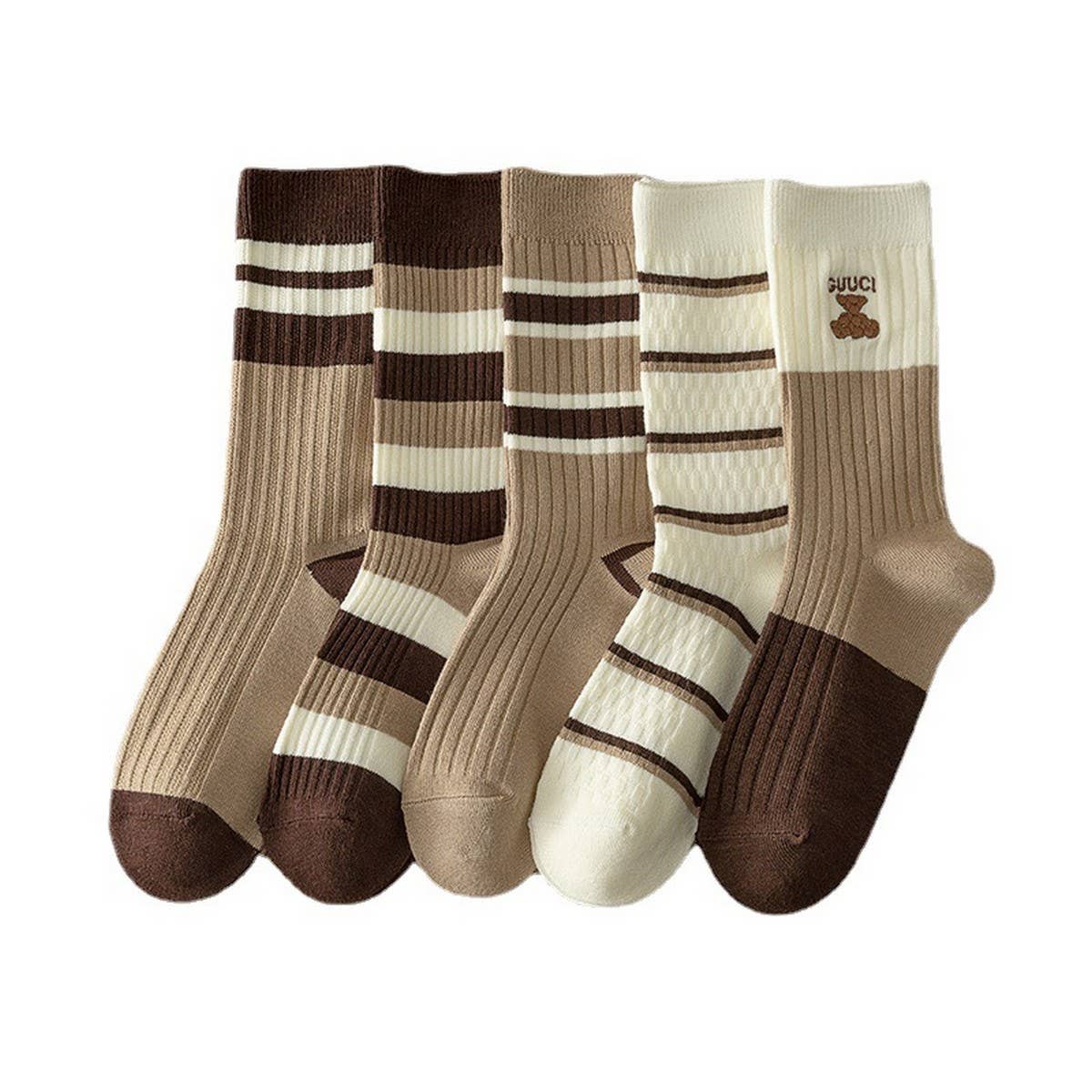 BROWN STRIPED EMBROIDERED BREATHABLE STACKED SOCKS_CWMS1115