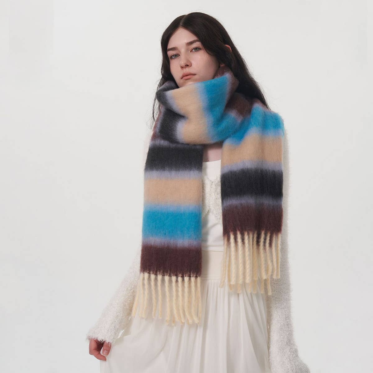 WOMEN CONTRASTING STRIPED FRINGED PLAID SCARF