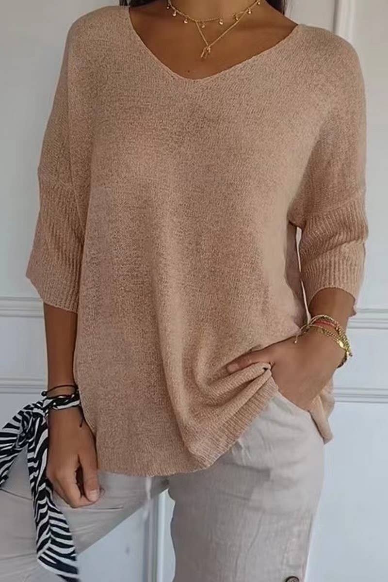 CWOSWL07659_V-NECK SOLID COLOR KNITTED BOTTOMING TOP